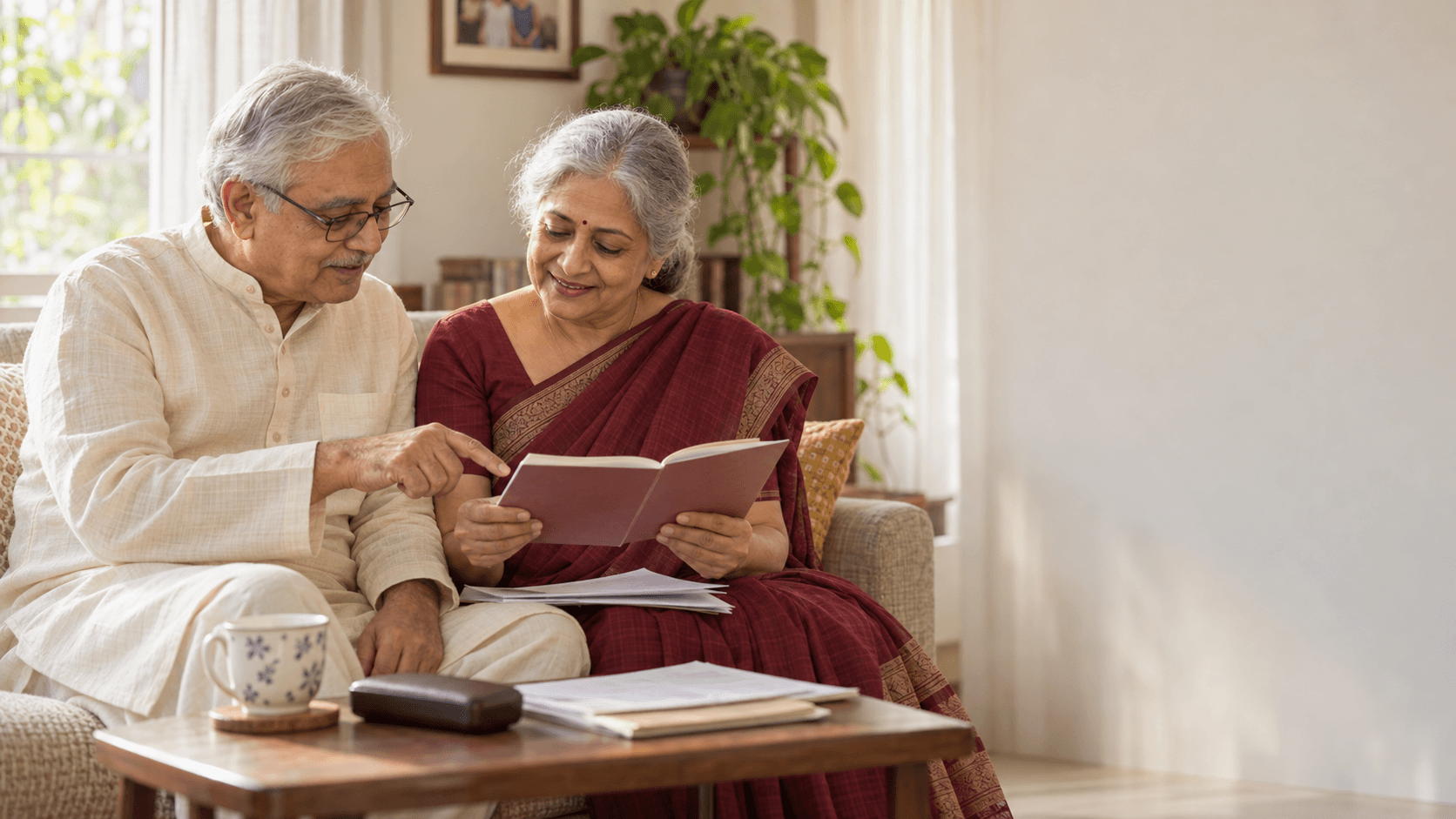 A retired couple reviewing their savings at home