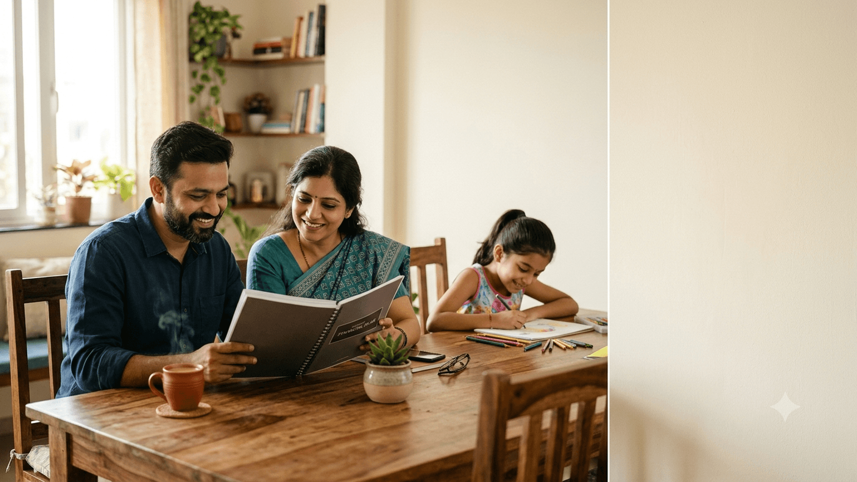 A couple reading their written financial plan at the dining table while their daughter draws