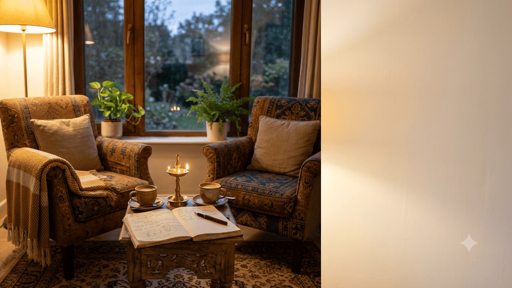 Two armchairs by a window at dusk with a lit diya, two cups of chai and an open notebook