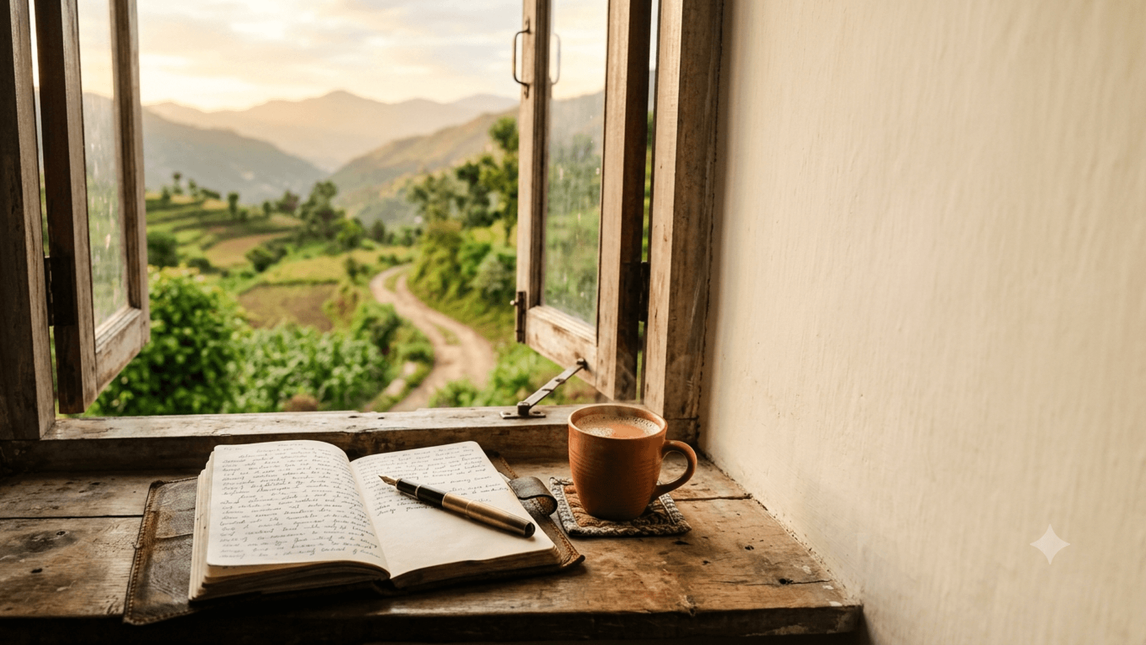 An open diary, a pen and a cup of chai on a window ledge overlooking a path through green hills at sunrise