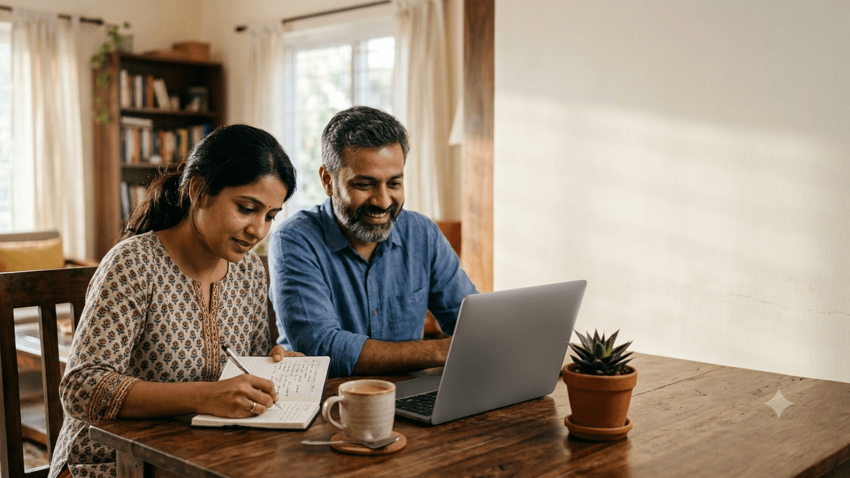 A couple at home on a video call, writing down questions for a financial advisor