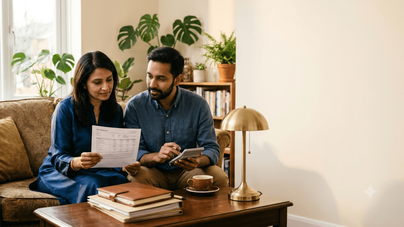A couple at home comparing a fee statement with a calculator