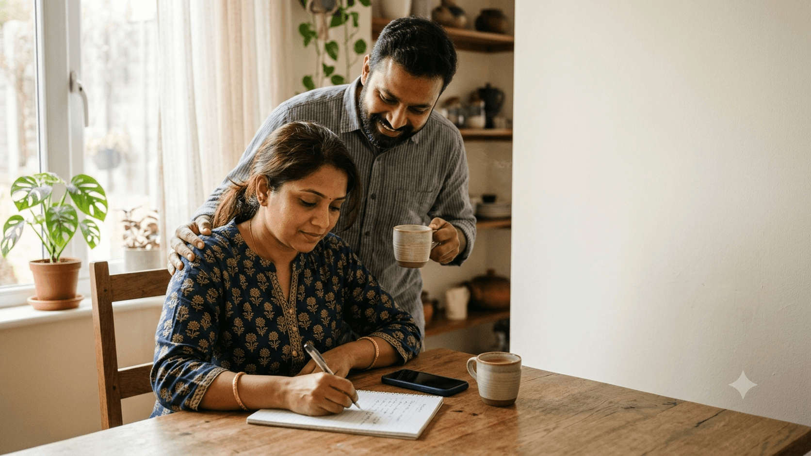 A woman at home writing a list of questions on a notepad while her husband reads over her shoulder