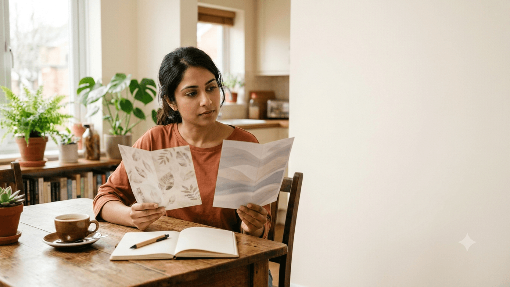 A woman at home comparing two printed brochures side by side