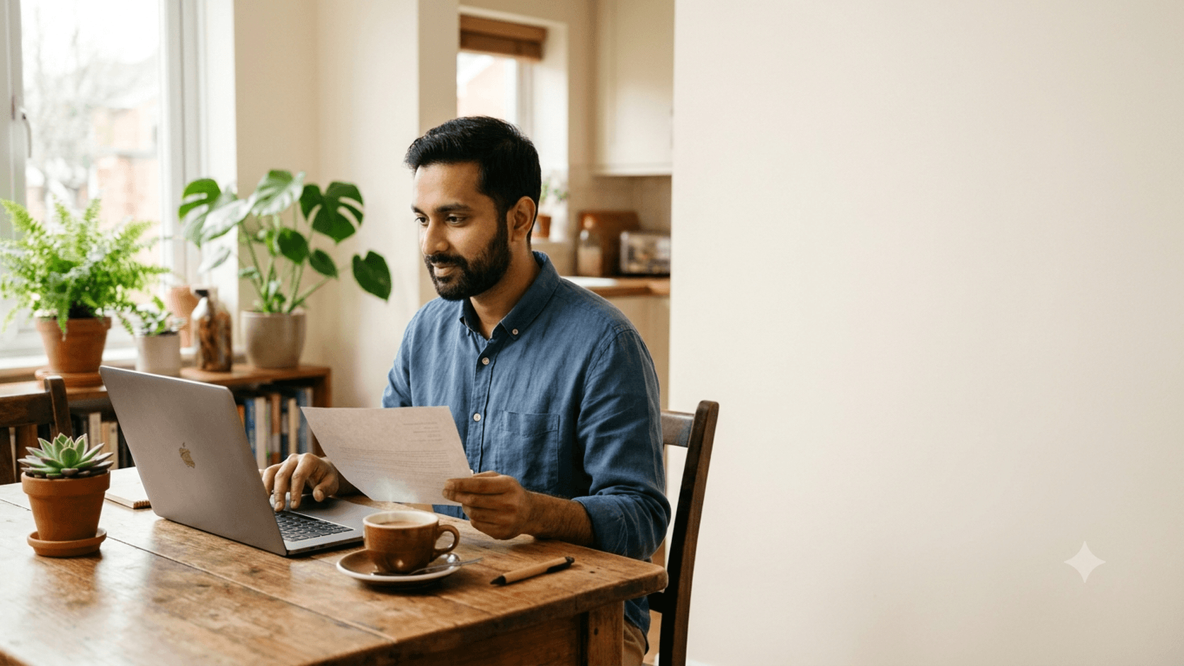 A man at home checking details on his laptop while holding a printed letter
